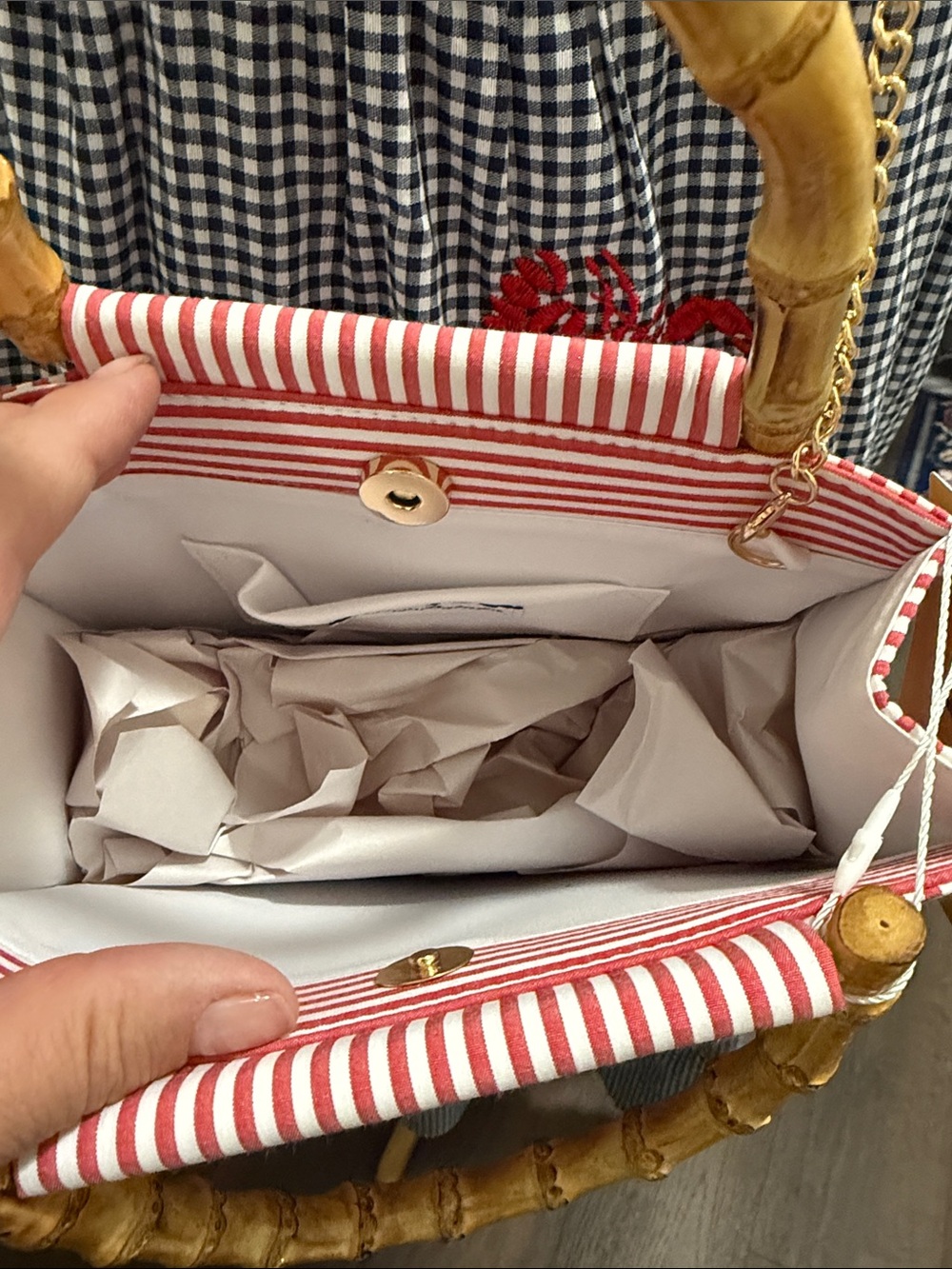 Blue and White Gingham Dress with Red embroidered lobsters. And matching purse. - Picture 7 of 12